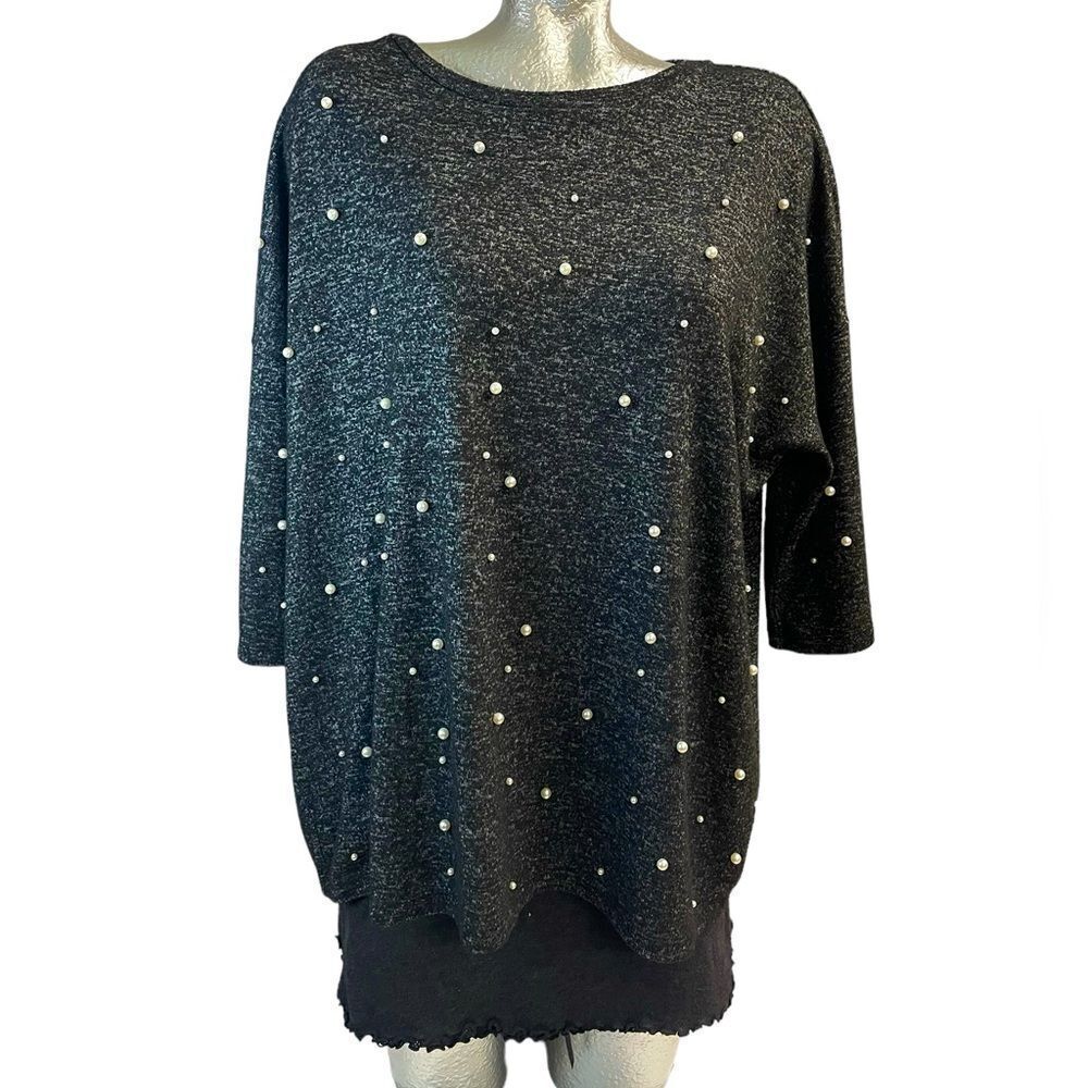 Chelsea & Theodore black, oversized, 3/4 sleeve, pearl embellishment, size XL